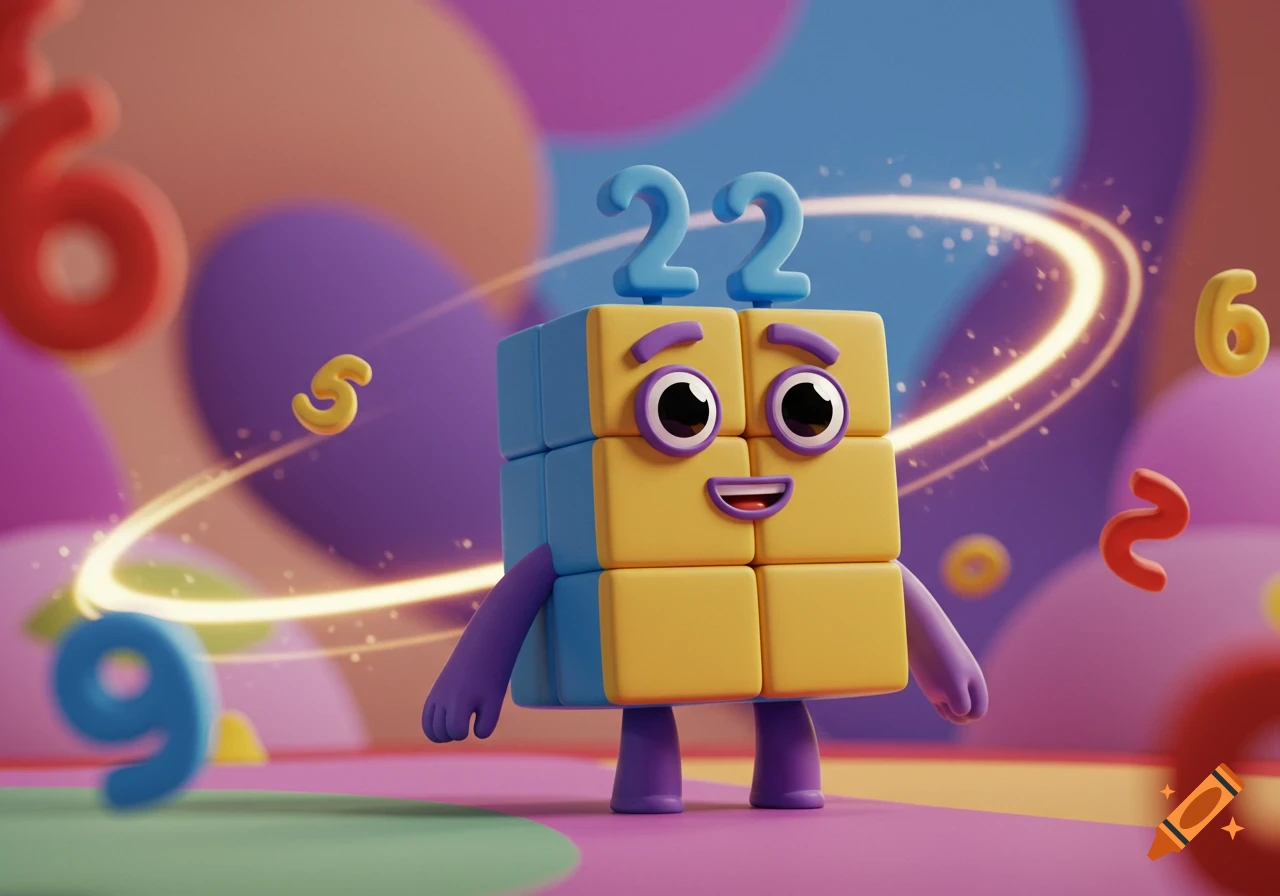 A smiling, block-like blue and yellow cartoon character with the number 22 on its head, surrounded by other colorful numbers and a light trail.
