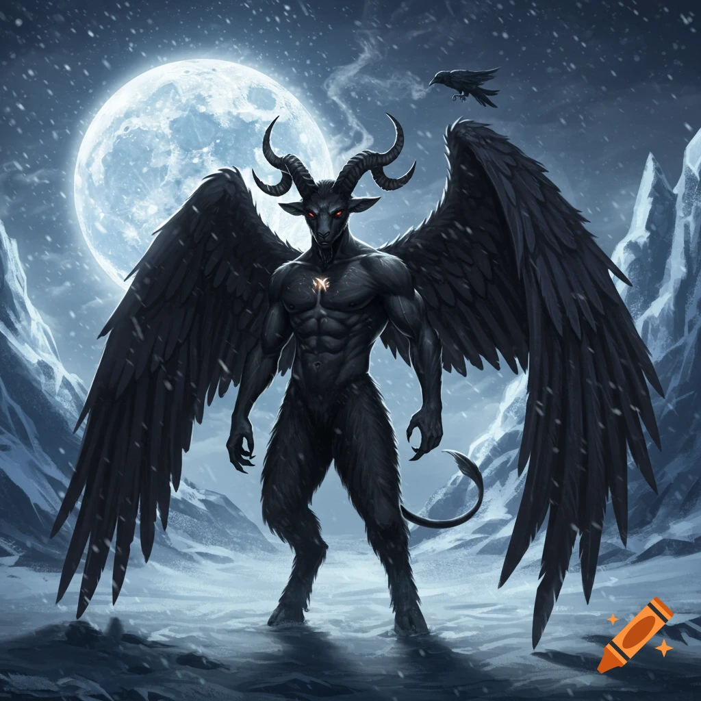 Muscular black goat man with horns and wings stands in a snowy, moonlit landscape with a raven flying nearby.