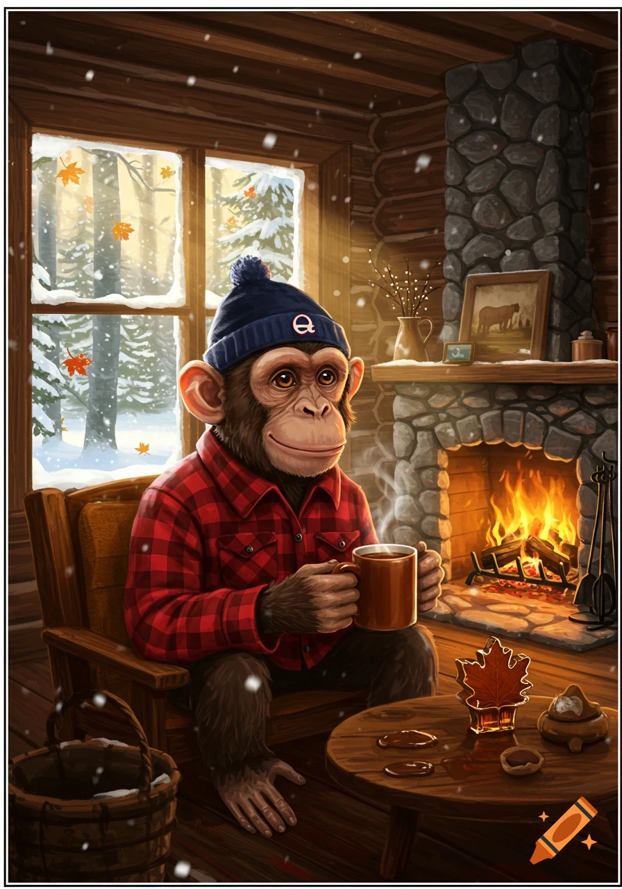 An anthropomorphic chimpanzee in a red plaid shirt and a blue beanie sits by a fireplace in a cozy cabin, holding a mug, while snow falls outside the window.