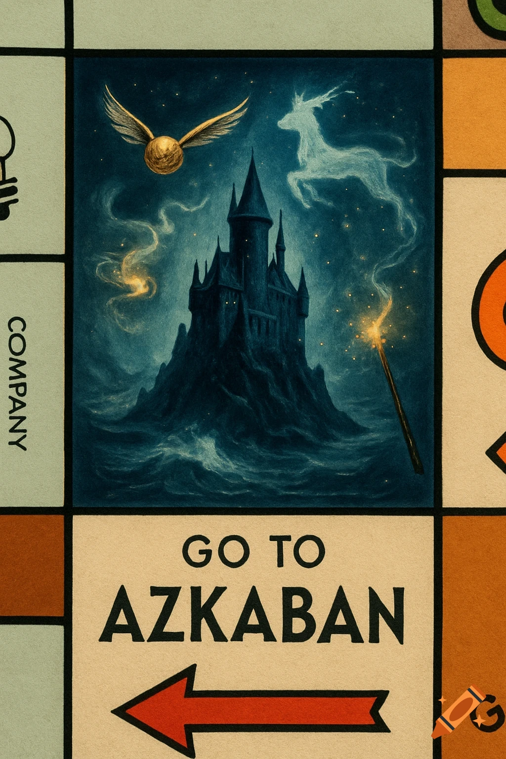 A Harry Potter-themed Monopoly square featuring a dark castle on a stormy island, a golden snitch, a luminous stag, and a magic wand. Below, the text 'GO TO AZKABAN' with an arrow.