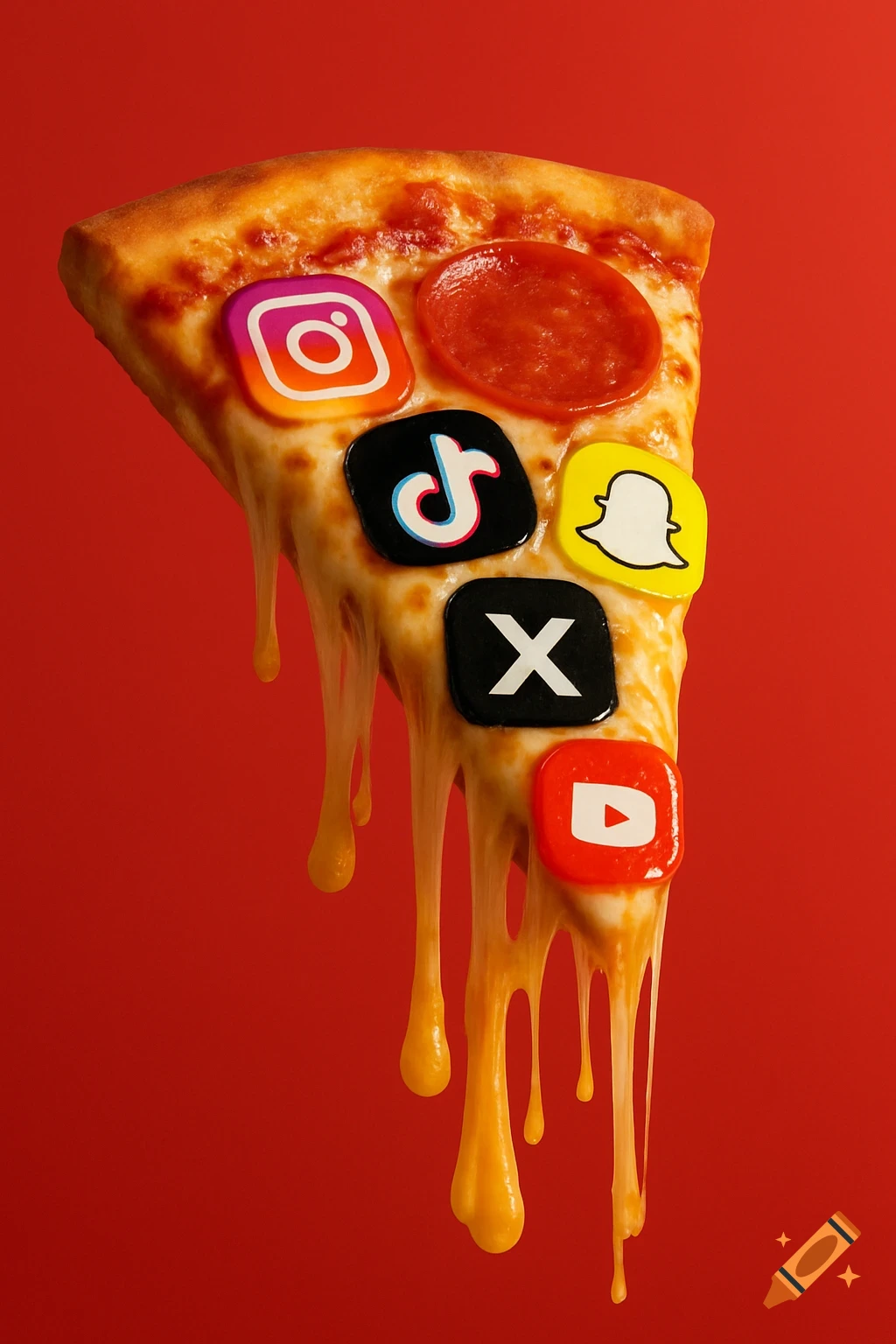 A hyper-realistic floating pizza slice with melted cheese against a red background, featuring embedded Instagram, TikTok, X, Snapchat, and YouTube app logos.