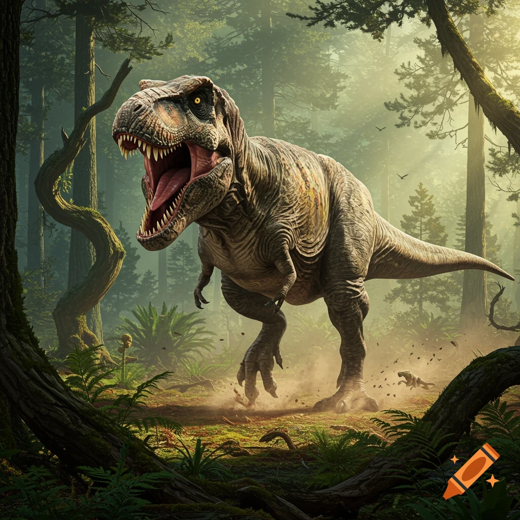 A photorealistic T-rex with an open mouth roars while stomping through a misty, sunlit forest, kicking up dust.