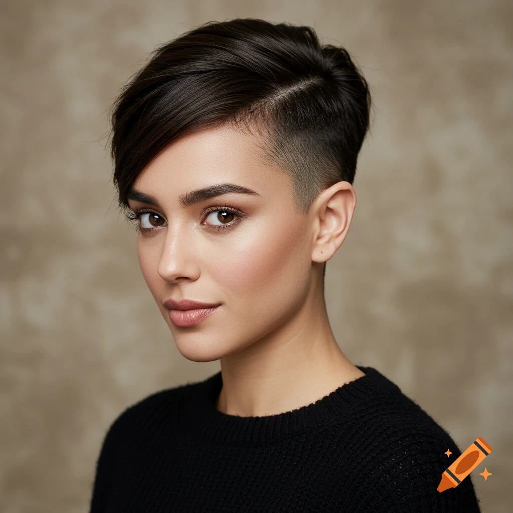 Close-up photorealistic portrait of a young woman with a dark brown undercut haircut and brown eyes, wearing a black sweater.