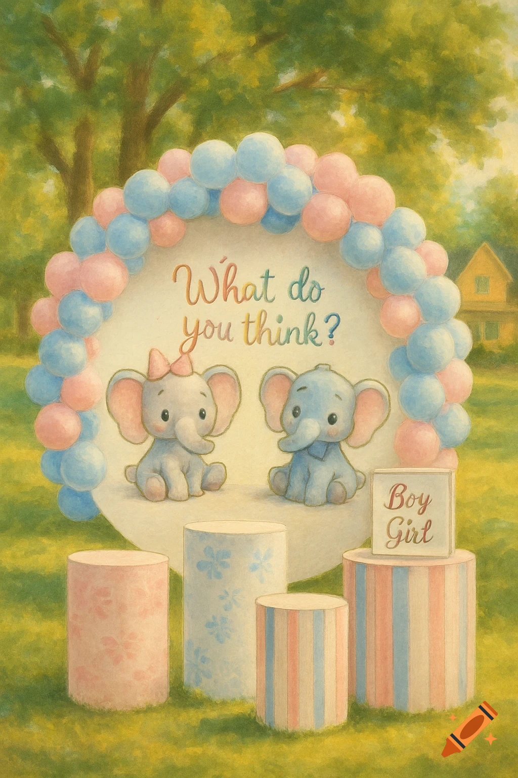 A cute watercolor illustration of a gender reveal setup with two cartoon elephants, pink and blue balloons, and "What do you think?" and "Boy Girl" text.