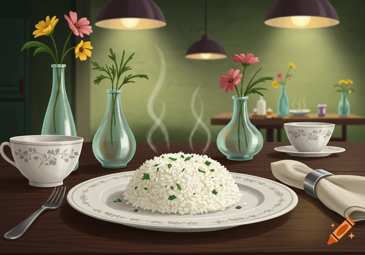 A steaming plate of white rice with herbs on a wooden table, surrounded by flowers and tableware in an illustration.