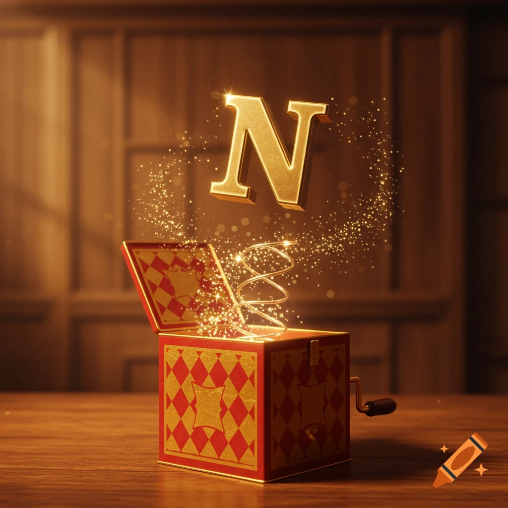 A golden letter 'N' pops out of a red and gold patterned jack-in-the-box with a spring and golden sparkles on a wooden table.