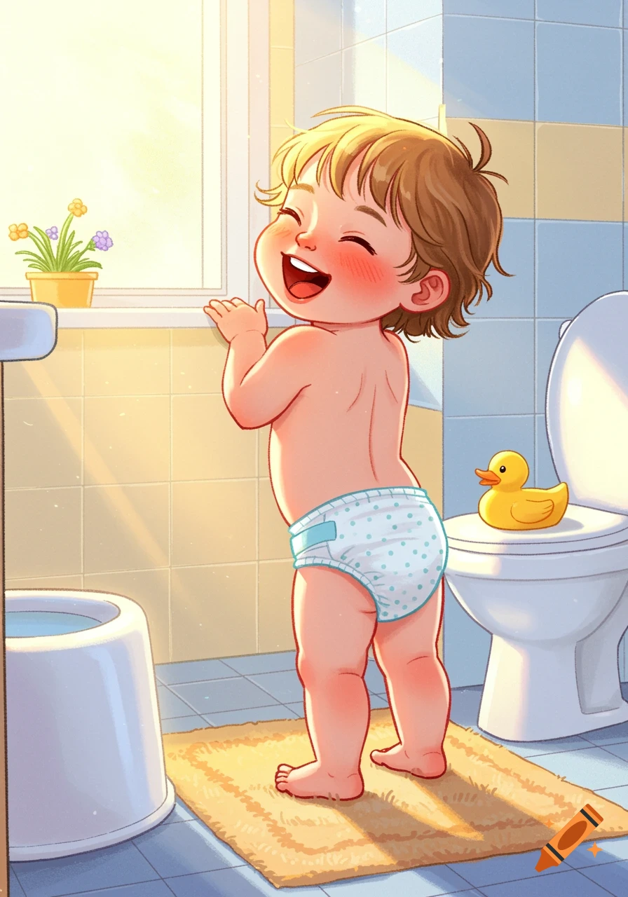 A happy toddler in a diaper smiles brightly while standing on a bath mat in a sunlit bathroom, with a rubber duck on the toilet.