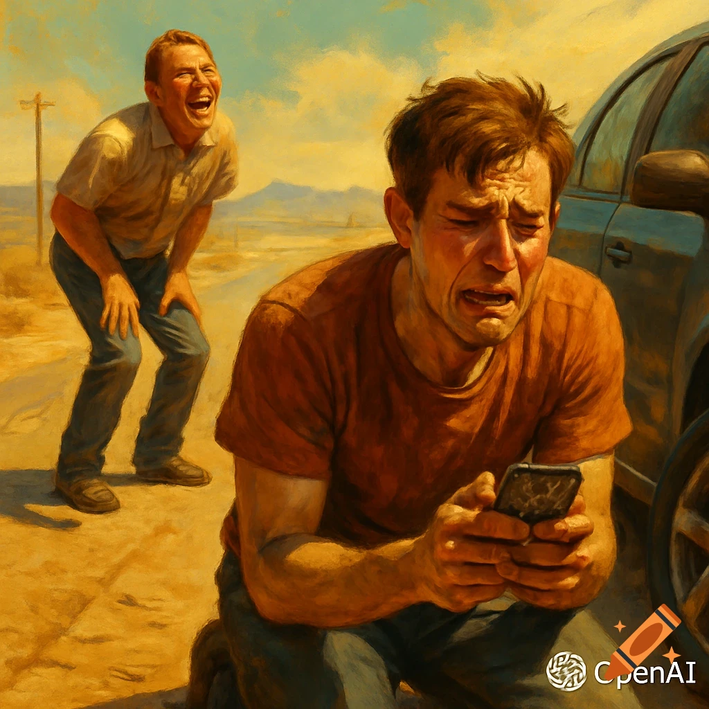 A crying man kneels with a broken phone next to a car, while another man laughs at him in the background on a dirt road, in a painted style.