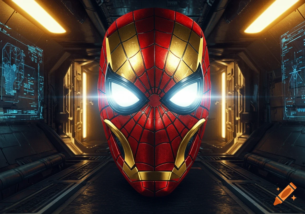 A close-up of a red and gold Spider-Man and Iron Man fusion mask with glowing eyes in a futuristic, dimly lit corridor with glowing screens.