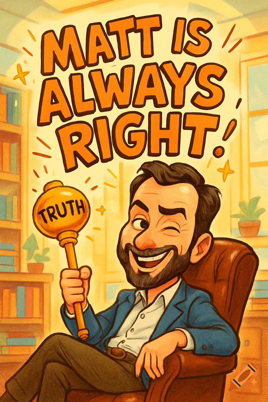 Cartoon of a winking man holding a 'truth' key, with the text 'Matt is always right!' above him.