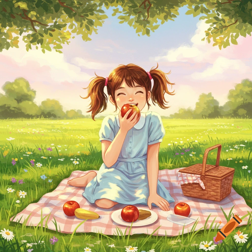 A cheerful young girl with pigtails eating an apple on a picnic blanket in a sunny, green field with a picnic basket nearby, in an illustrative style.