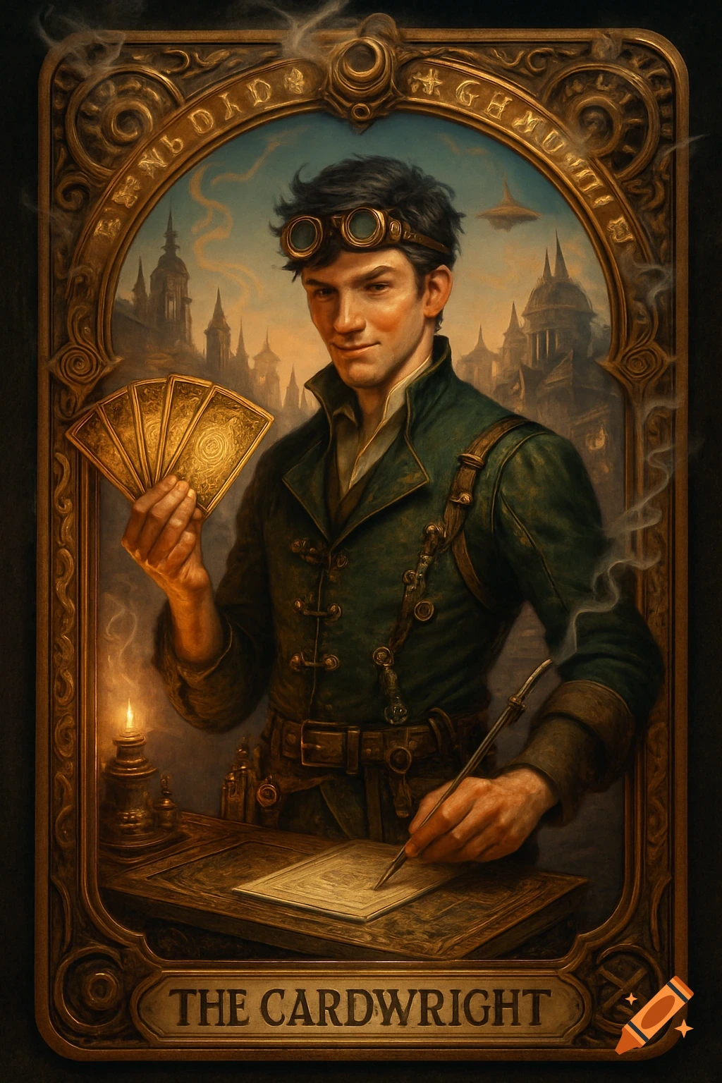A steampunk portrait of a young man with goggles, holding gold cards and writing at a desk, set in an ornate brass frame with a cityscape background. Titled 'The Cardwright'.
