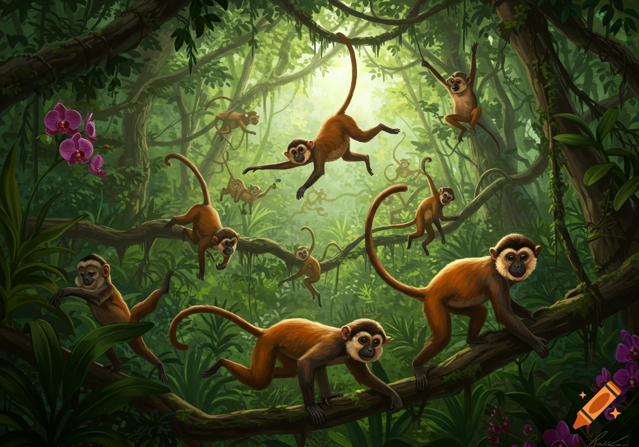 An illustration of many spunky monkeys swinging and playing in a vibrant, lush green jungle with purple orchids.