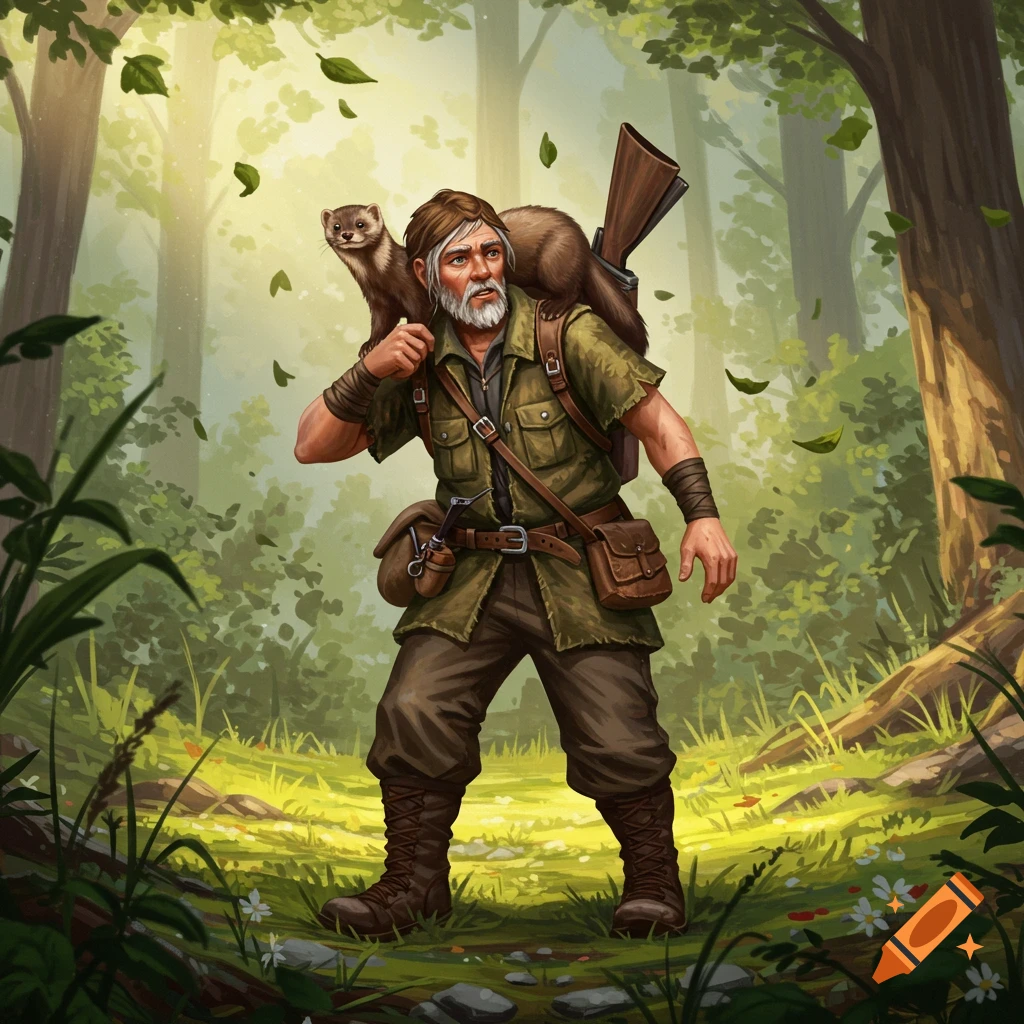 A bearded man in a green shirt and brown pants with a rifle on his back carries a mink on his shoulder, walking through a sunlit forest.
