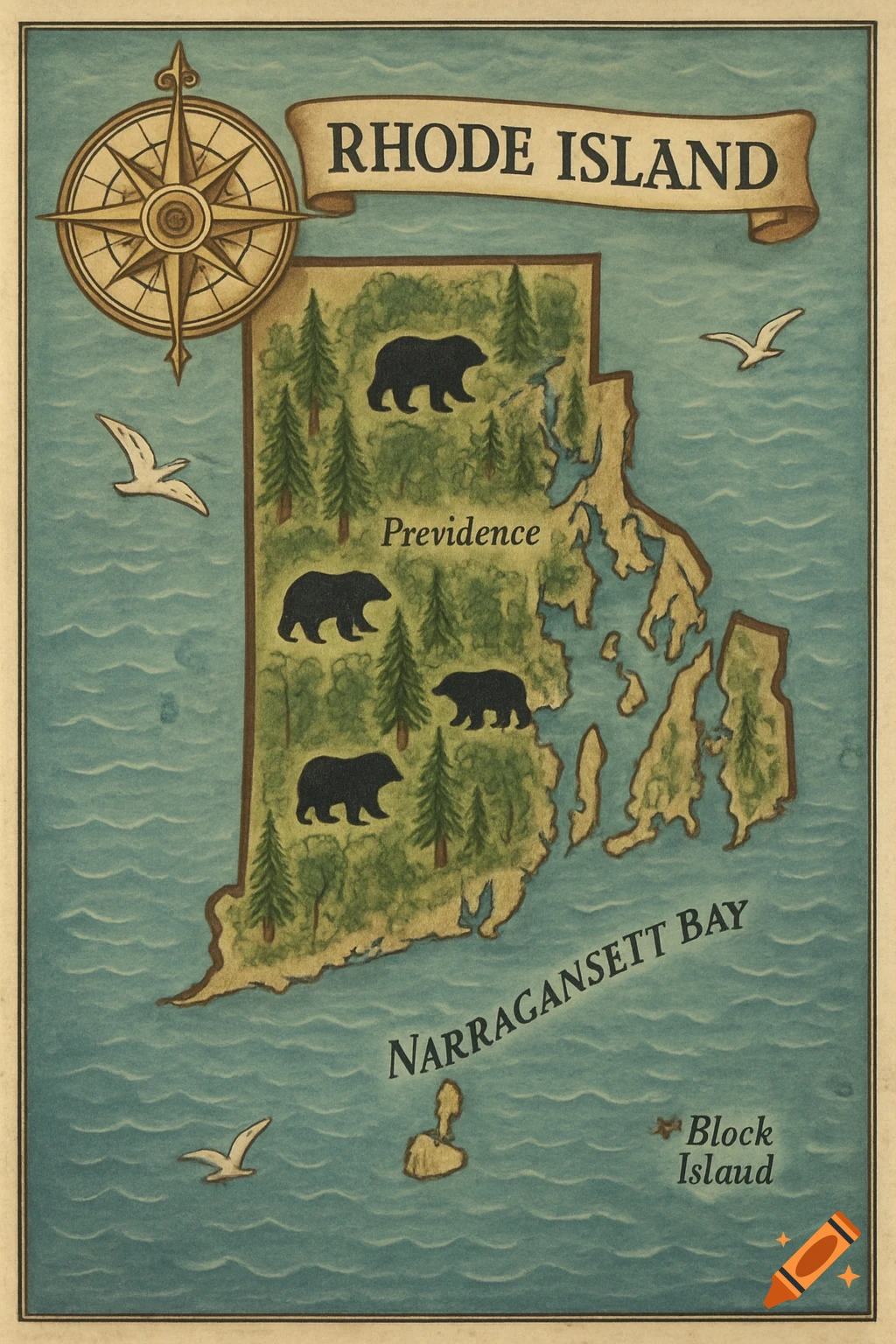 A stylized map of Rhode Island with green land, trees, black bear silhouettes, and blue water, featuring a compass rose and seagulls.