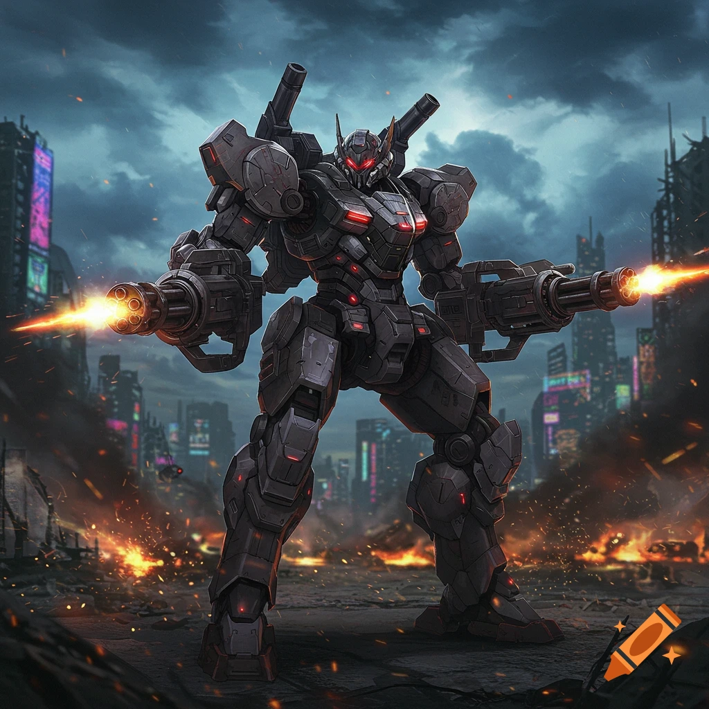 A heavily armored dark gray mech with red glowing eyes and accents stands in a destroyed city, firing twin gatling guns.
