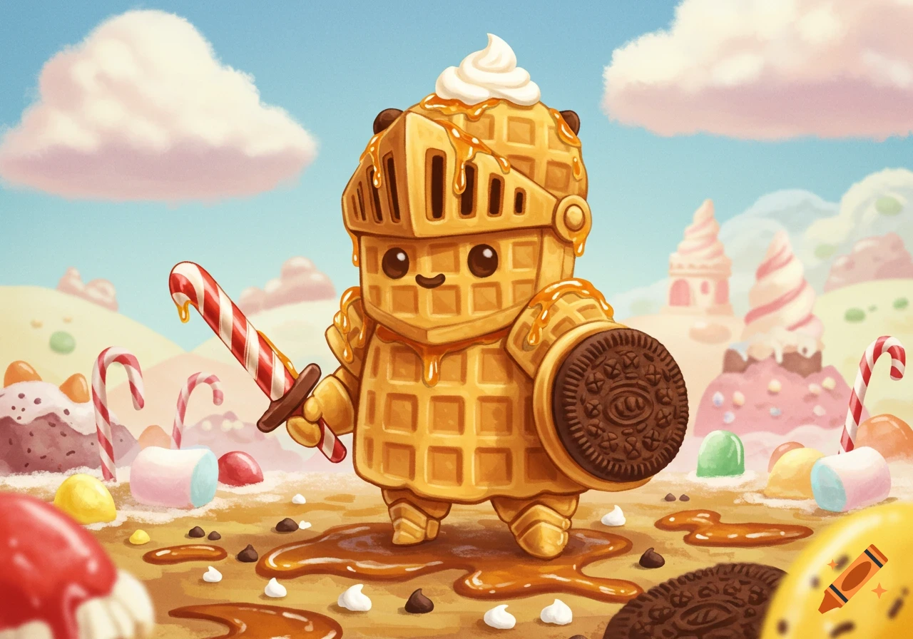 A cute, cartoon-style waffle knight with syrup, holding a candy cane sword and an Oreo shield in a vibrant candy landscape.