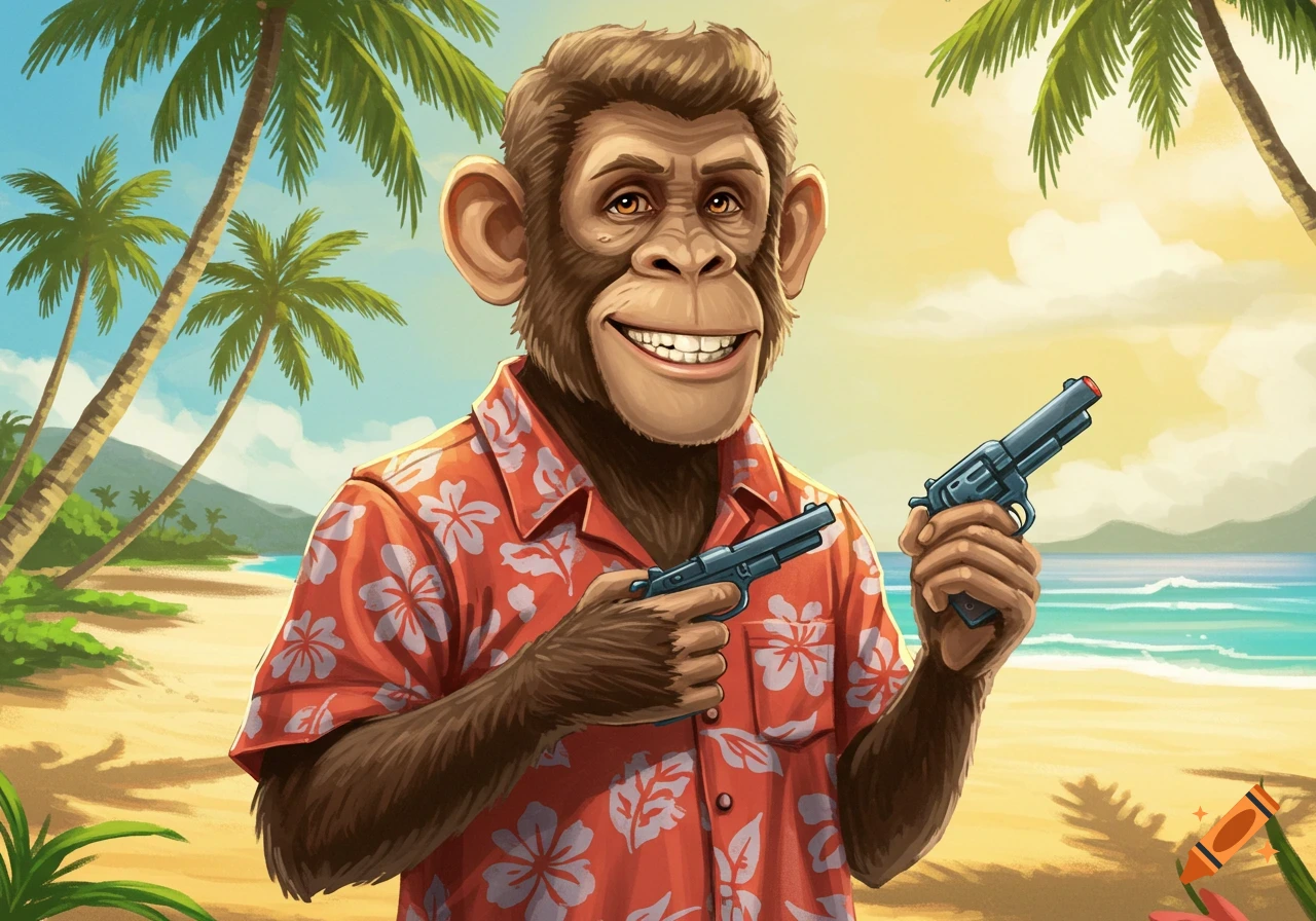 A smiling cartoon chimpanzee wearing a Hawaiian shirt holds two revolvers on a tropical beach.