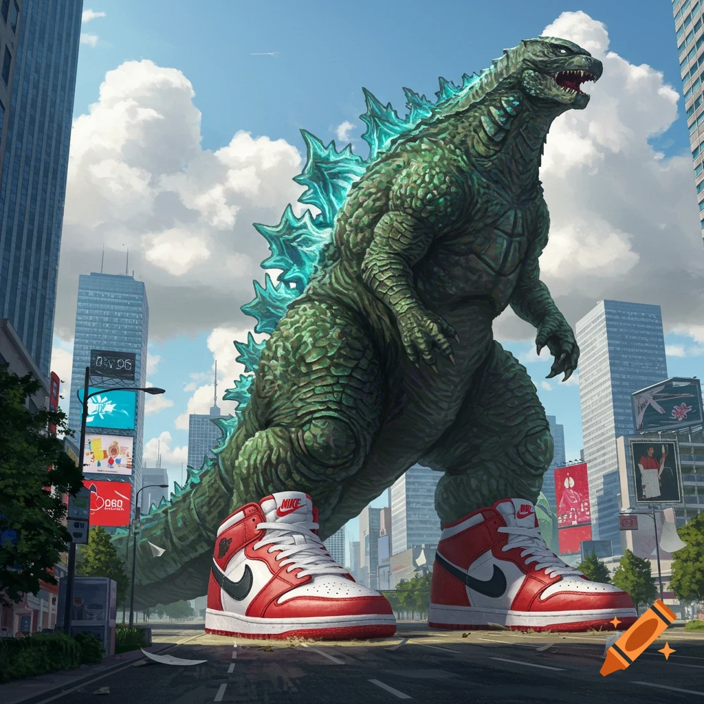 A giant green Godzilla monster wearing large red and white Nike sneakers stands in the middle of a city street with skyscrapers under a cloudy sky.