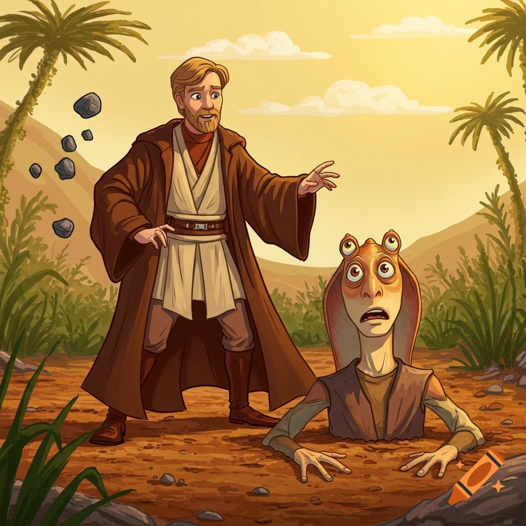 Cartoon illustration of Obi-Wan Kenobi throwing rocks at a half-buried, upset Jar Jar Binks on a desert planet.