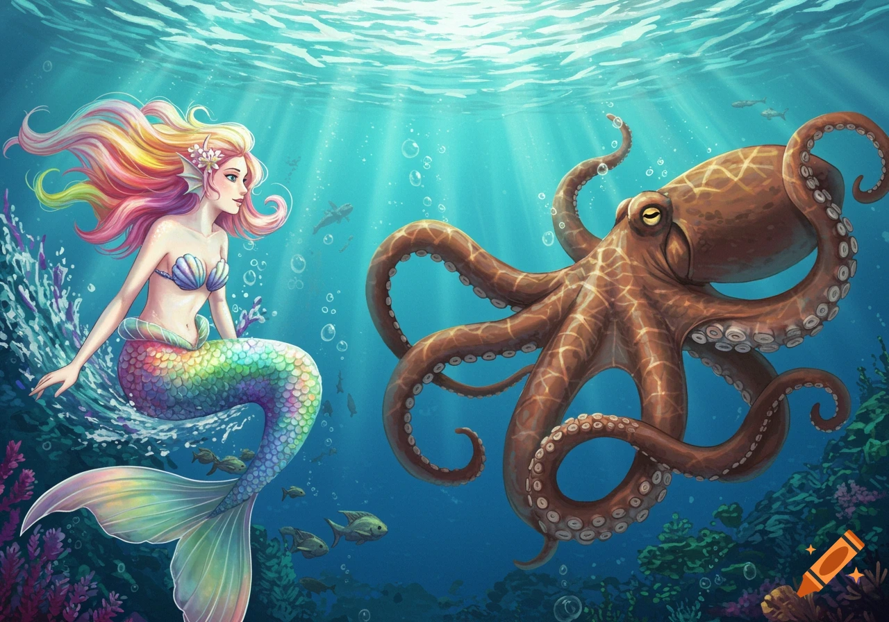 A vibrant rainbow-haired mermaid with a shimmering tail and seashell top swims gracefully alongside a large brown octopus in a sunlit underwater scene in Ghibli style.