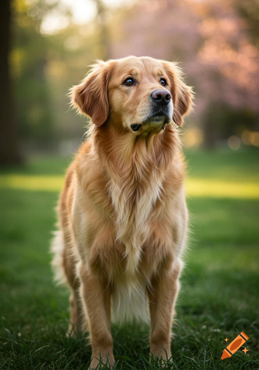 A photorealistic golden retriever dog stands in a grassy park, looking up with a blurred background of trees and golden light.