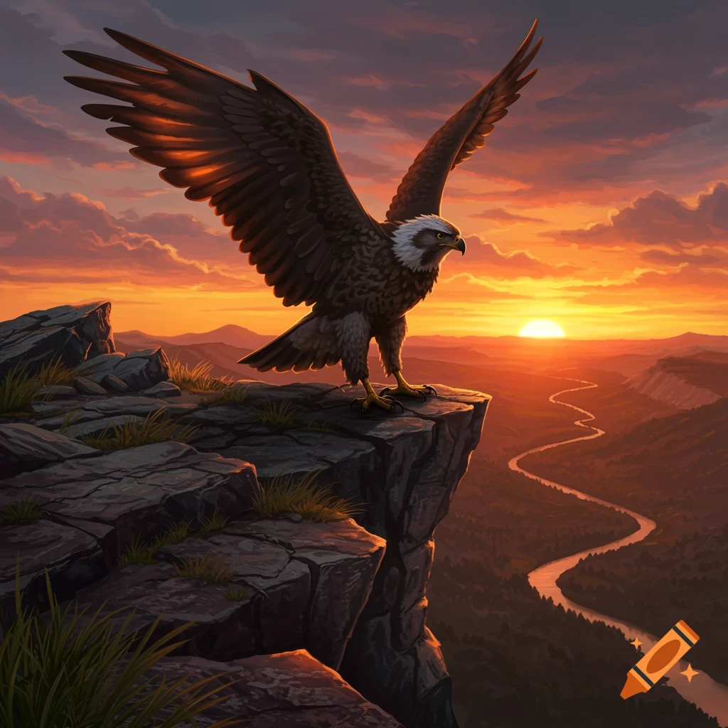 An eagle with outstretched wings stands atop a rocky cliff overlooking a winding river valley at sunset.