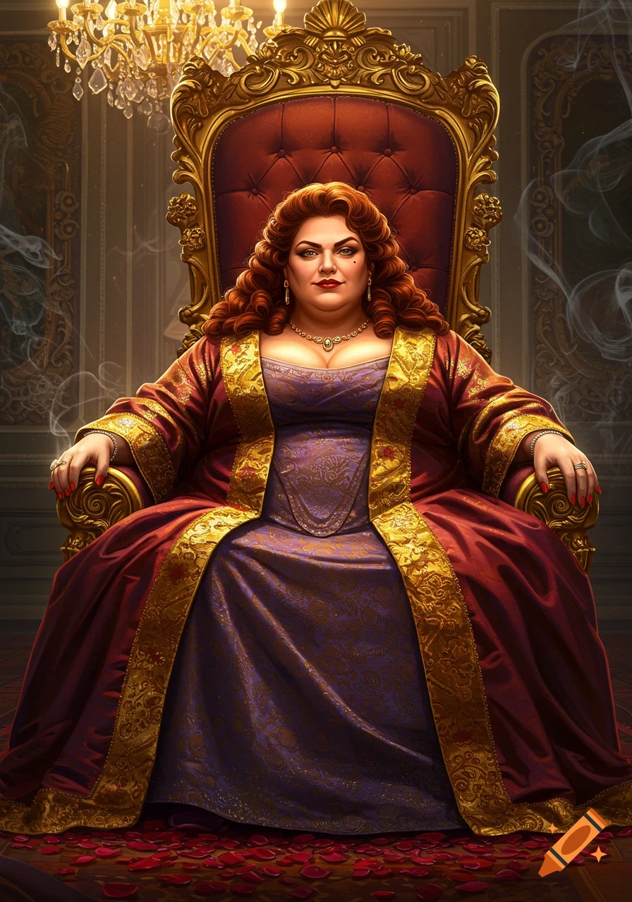 A regal, full-figured woman with red hair in a red and gold gown sits on a golden throne, surrounded by rose petals.