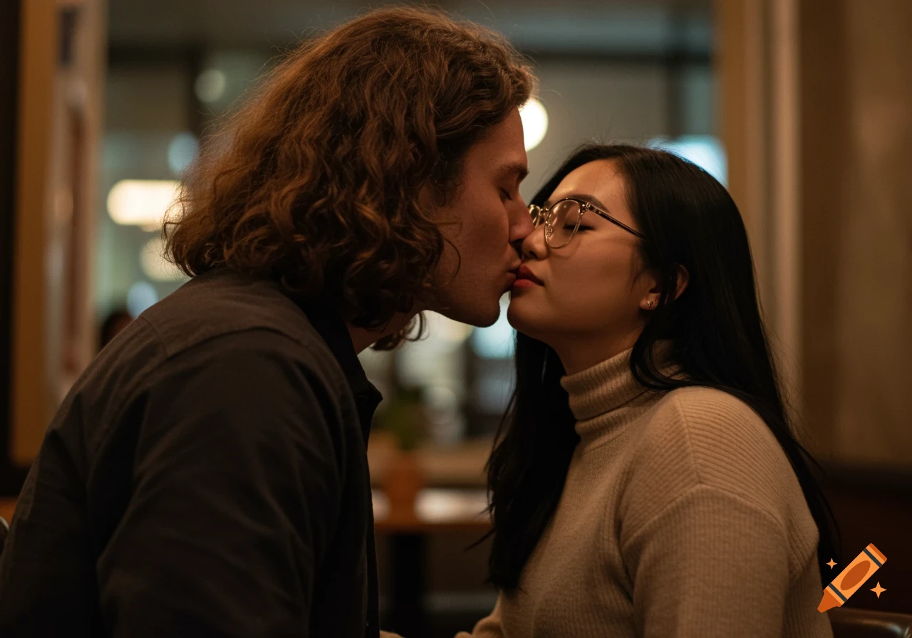 A curly-haired man and a woman with glasses share a kiss indoors in a photorealistic style.