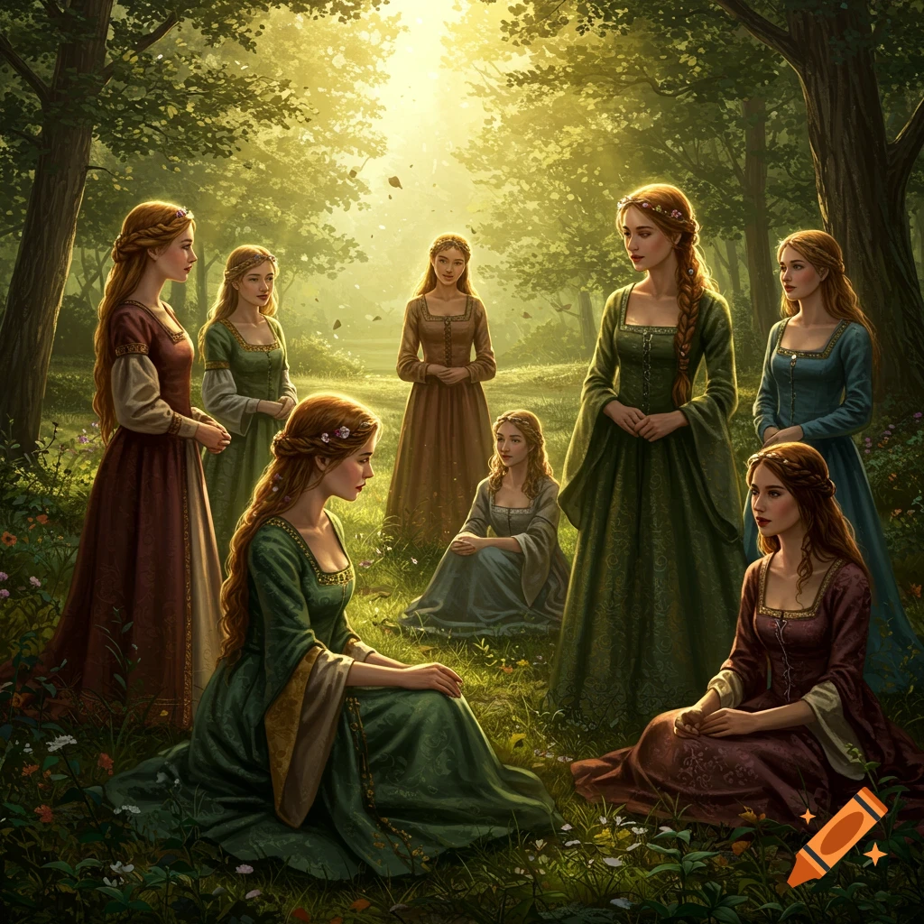 Several medieval women in colorful dresses gathered in a sunlit, lush green forest.