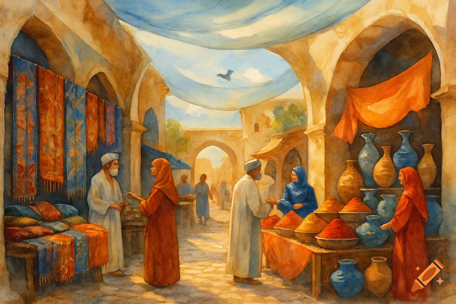 Watercolor painting of a bustling Middle Eastern marketplace with vendors selling textiles and spices under a sky with draped fabrics.