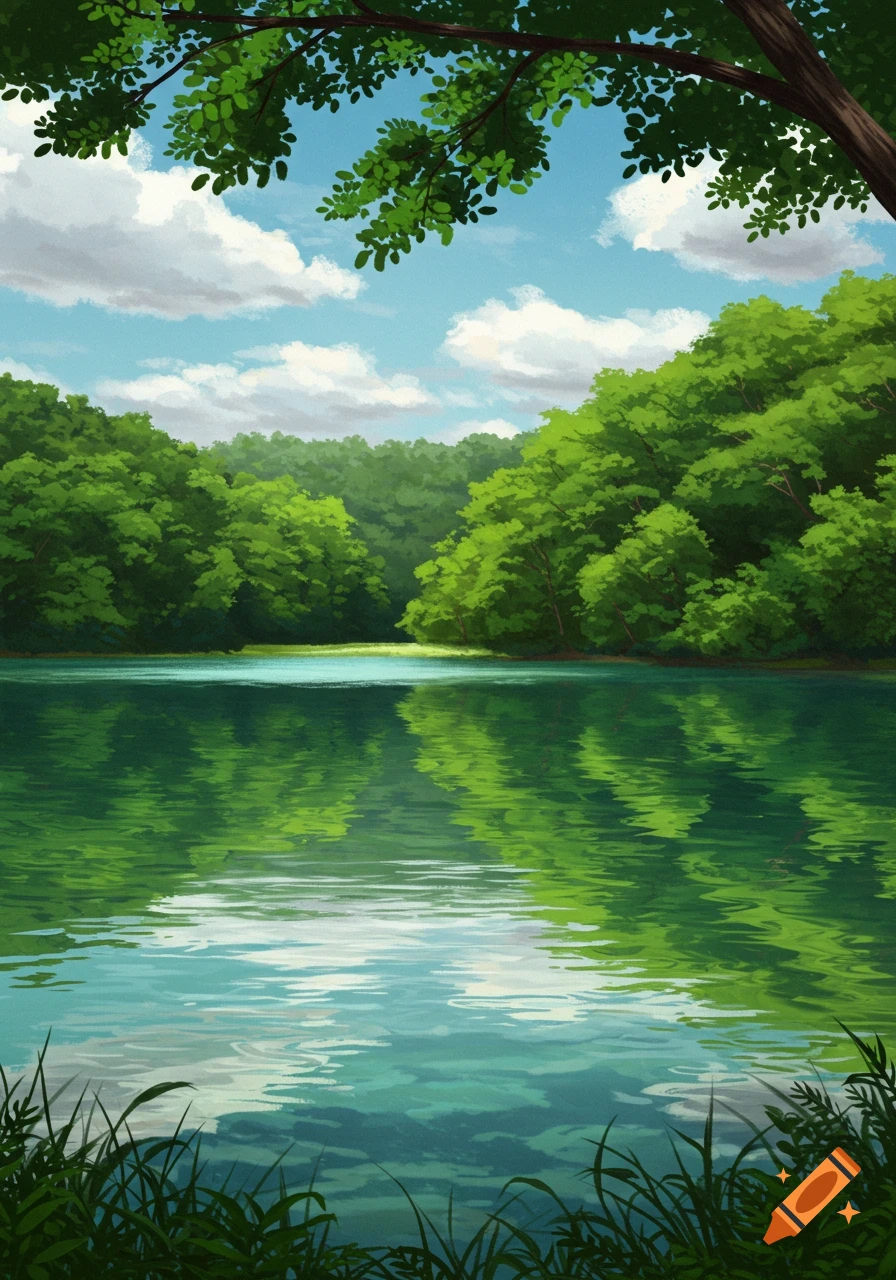 Anime style painting of a serene lake reflecting lush green trees under a blue sky with white clouds.