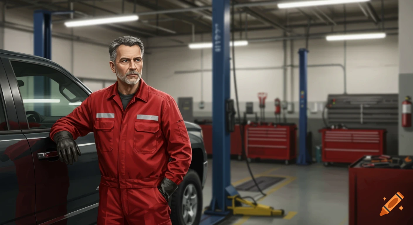 A male technician in a red uniform stands next to a pickup truck in a brightly lit garage, looking into the distance.
