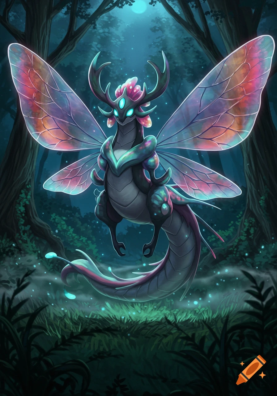 A colorful, glowing dragon-like creature with iridescent insect wings and antlers hovers in a dark, mystical forest at night, surrounded by glowing elements.