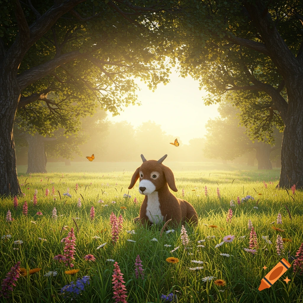 A cute brown and white goat-like creature sits in a sun-drenched field filled with wildflowers and butterflies, surrounded by trees.