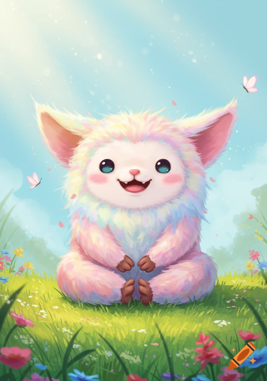 A fluffy, pastel rainbow-colored creature with large ears and blue eyes sits smiling in a bright green field with colorful flowers and butterflies.