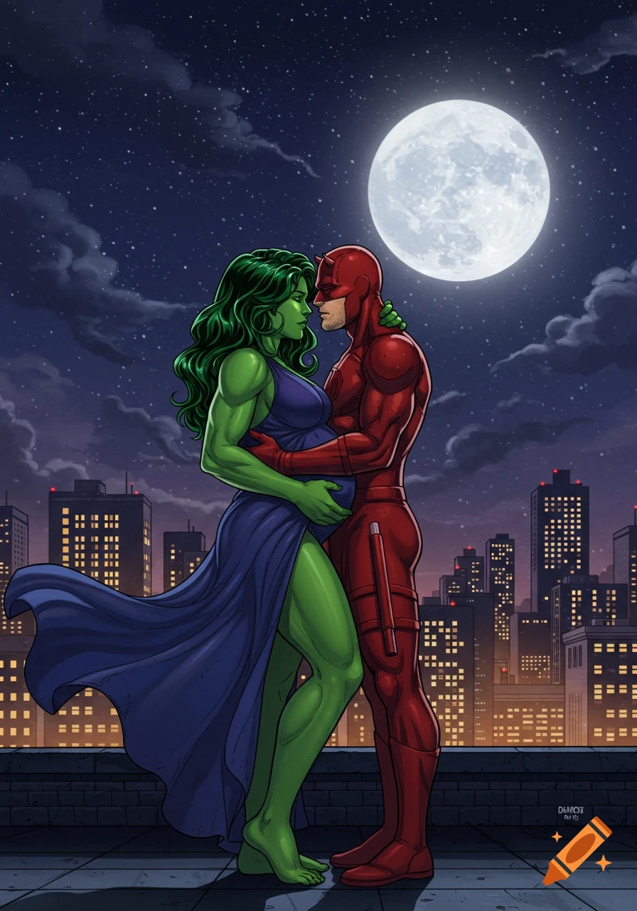 Pregnant She-Hulk embraces Daredevil on a moonlit city rooftop, comic book art style.