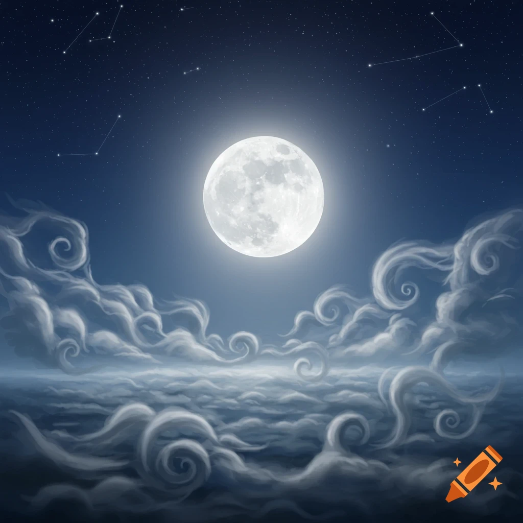 A bright full moon hangs in a dark night sky filled with stars and constellations, above a swirling expanse of stylized clouds.