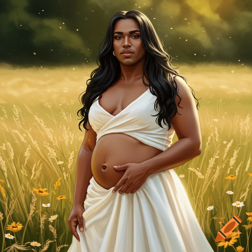 A pregnant person with long black hair, wearing a white dress, stands in a golden field of tall grass and wildflowers.