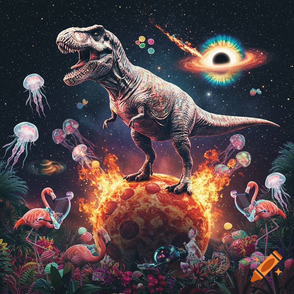 A vibrant surreal image of a T-Rex on a burning pizza planet in space, surrounded by jellyfish, flamingos playing harps, and a black hole with colorful comets.
