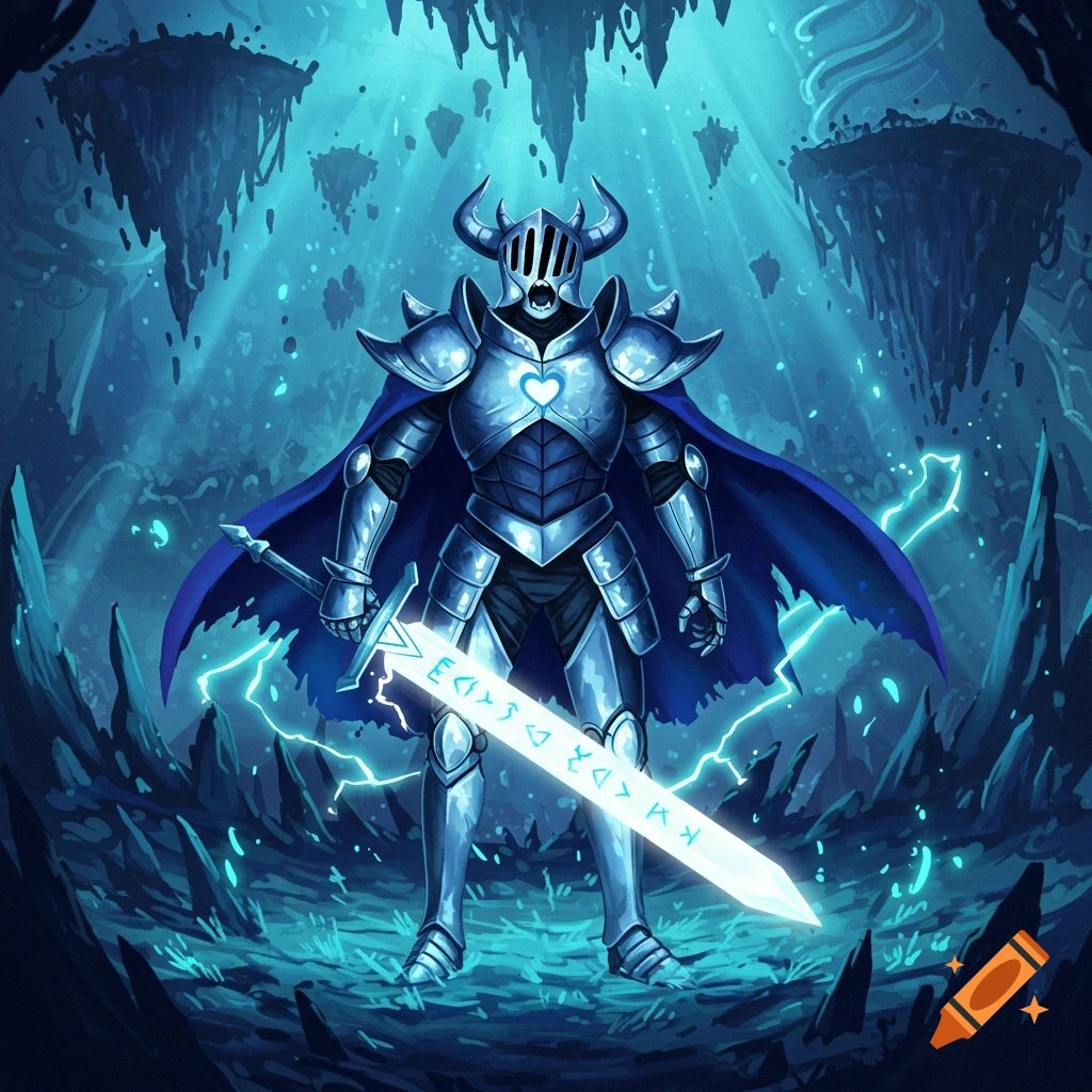 A knight in shiny blue armor and a dark blue cape stands in a glowing blue cave, holding a large glowing sword with runes.