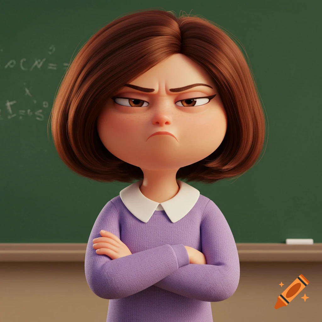 A cartoon woman with brown bob hair and an unamused expression, wearing a lavender sweater, stands with crossed arms in front of a blackboard.