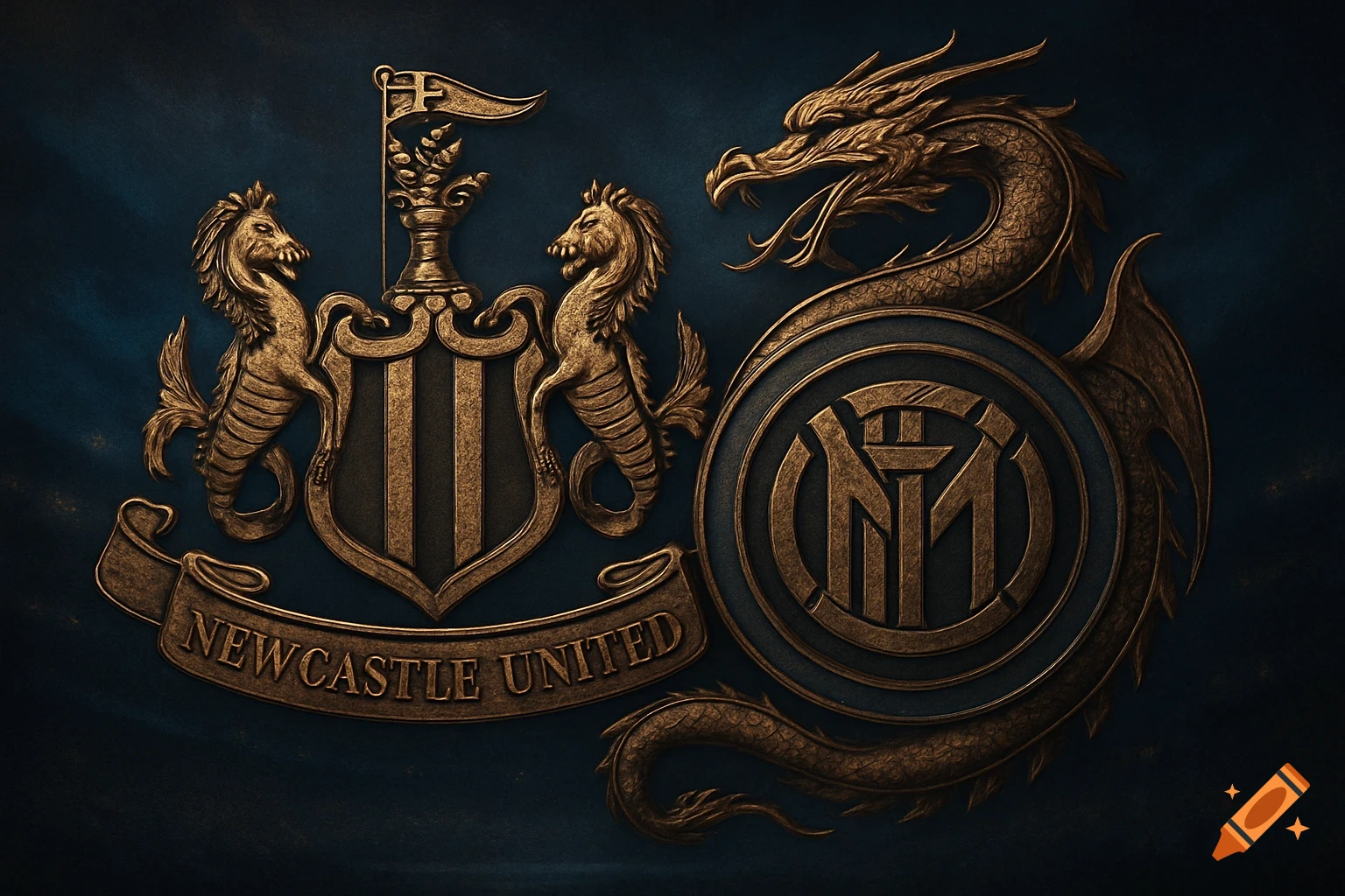 Two ornate bronze football club emblems, Newcastle United and Inter Milan, on a dark blue background.