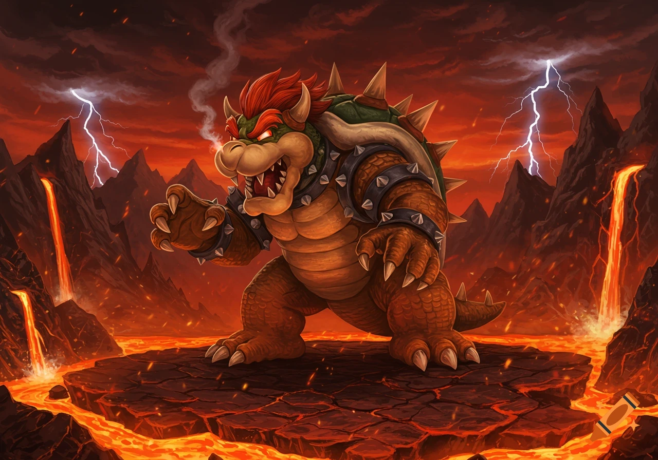 Bowser roars on a cracked lava platform in a fiery volcanic landscape with lightning and red stormy skies, in a detailed fantasy art style.