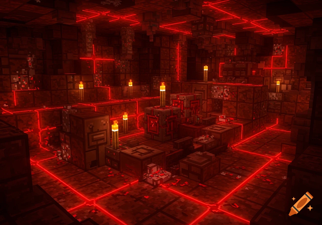 A dark, intricate Minecraft-style scene featuring numerous redstone lines glowing on the floor and walls, connecting various blocky machinery structures and torches.