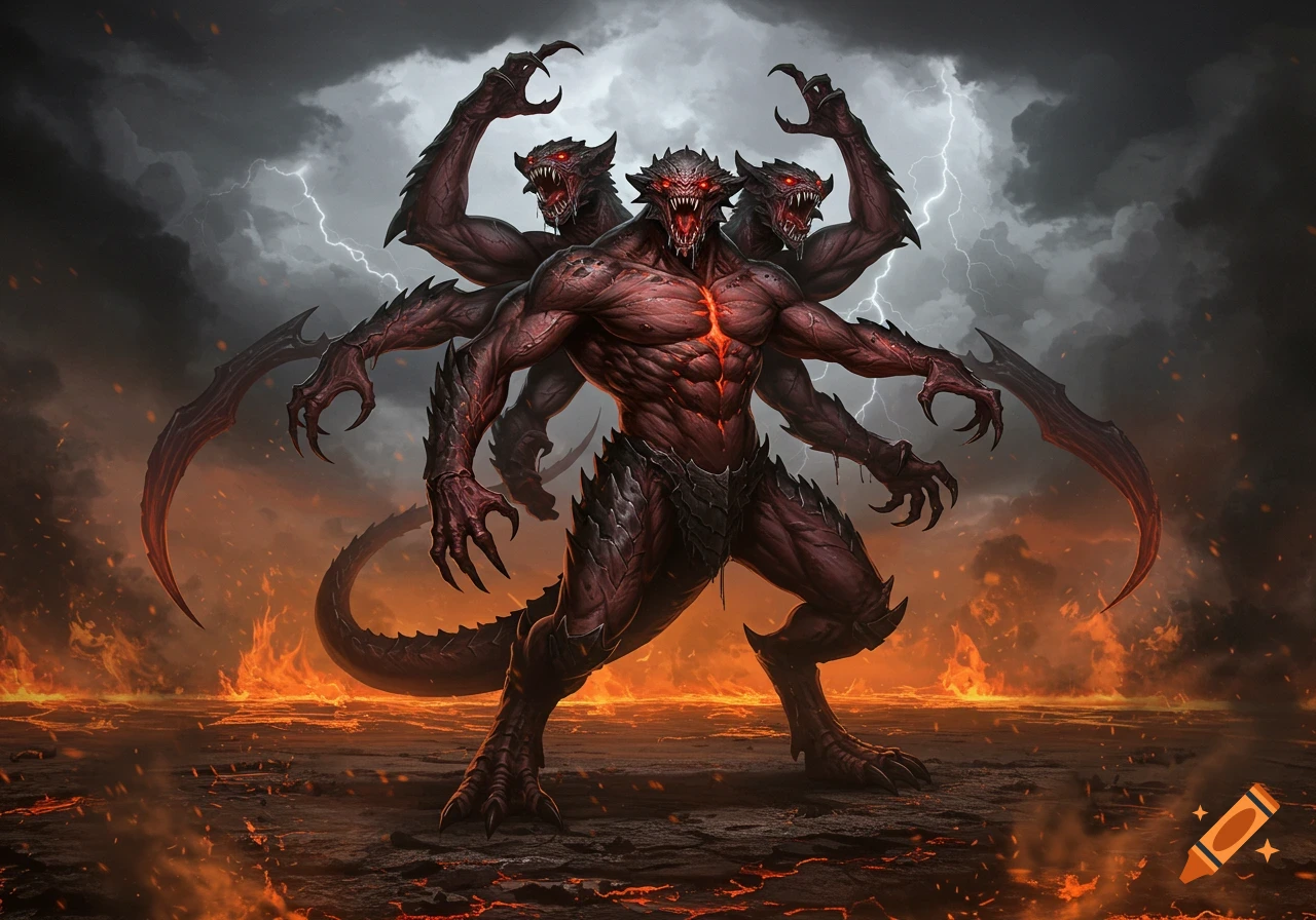 A monstrous, muscular red demon with three heads and multiple arms stands in a hellish landscape of lava and fire under a stormy sky with lightning.
