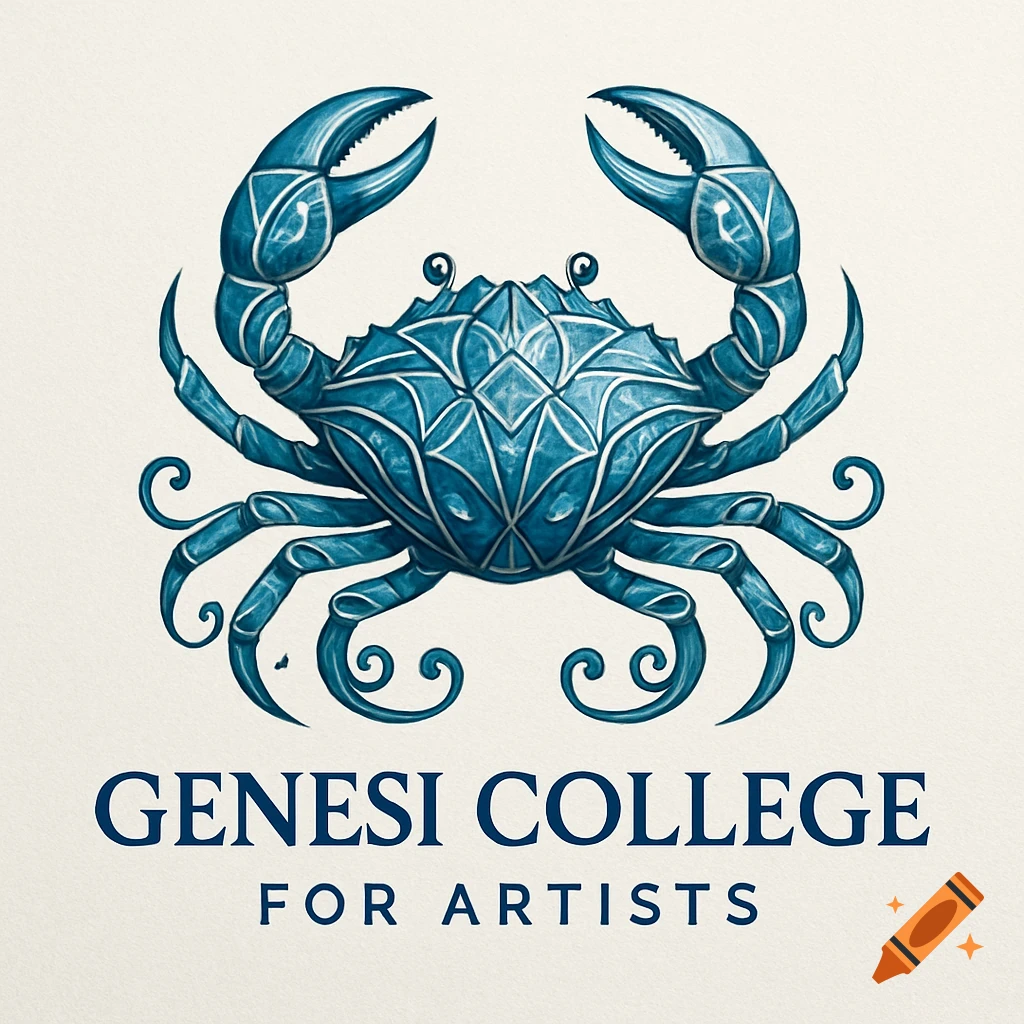 A blue stylized crab logo with the text GENESI COLLEGE FOR ARTISTS below it.