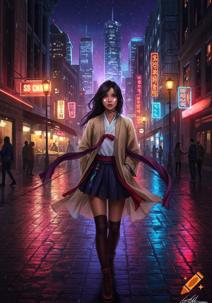 A young woman in a coat and skirt walks down a neon-lit city street at night, with tall buildings under a starry sky.