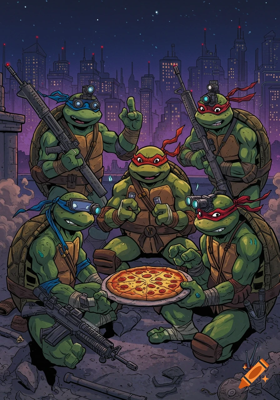 Four Ninja Turtles on a rooftop at night, holding rifles, wearing flak jackets and night vision goggles, gathered around a pepperoni pizza in a 1990s comic book style.