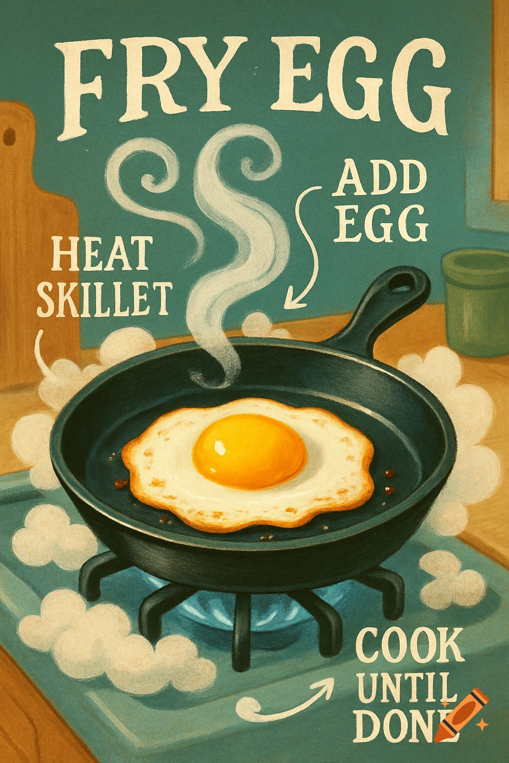 A vintage-style illustration showing instructions on how to fry an egg, with a skillet on a stove.